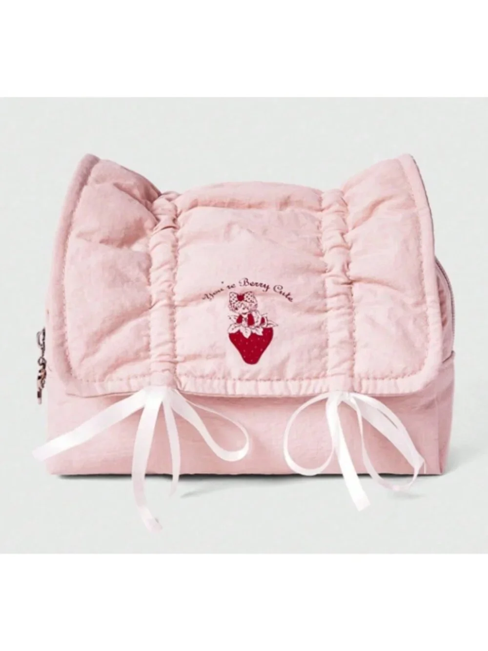 Kawaii Strawberry Girl Pink Quilted Makeup Bag Bow Cosmetic Pouch Cute Pencil